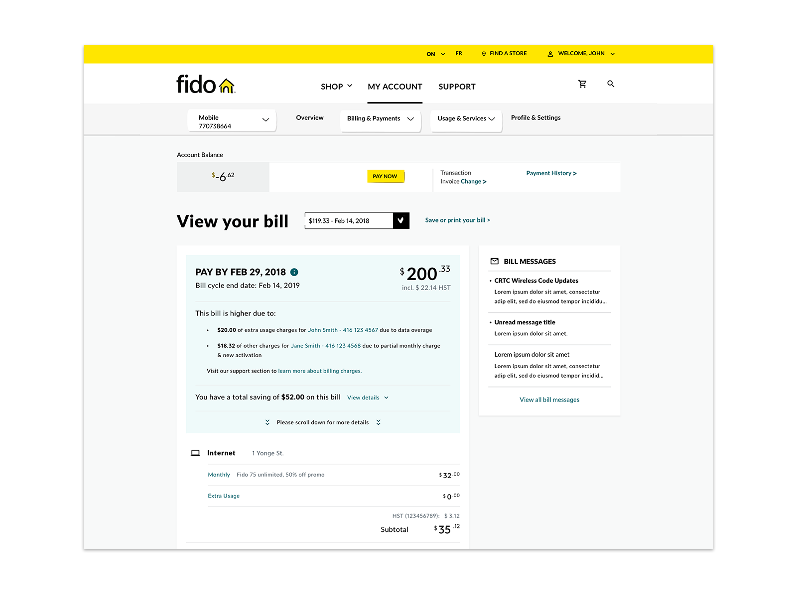Fido digital bill with a prominent summary explaining why the amount changed