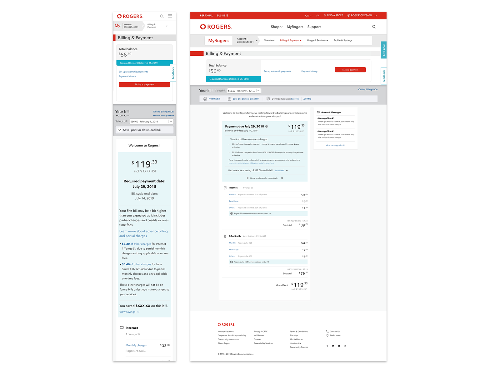 Responsive Rogers first-bill experience explaining partial charges and one-time fees