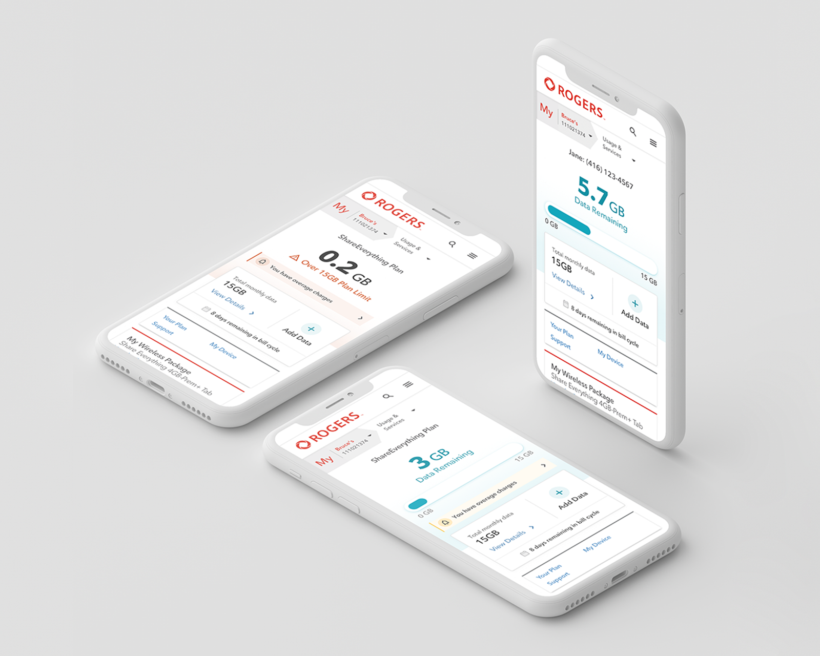Rogers mobile data-usage states displayed across three phones
