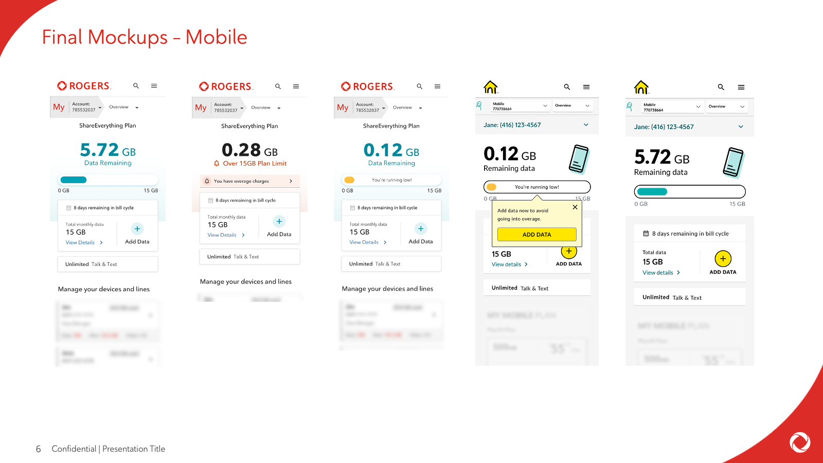 Rogers and Fido mobile mockups showing on-track, warning and overage data-usage states