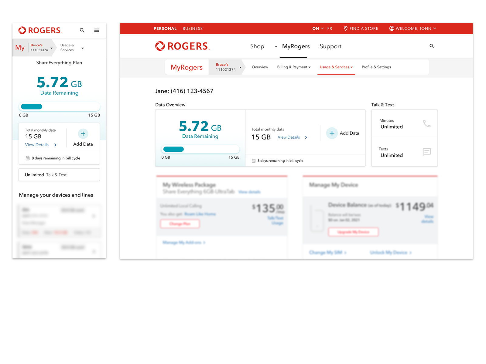Responsive Rogers data-usage experience in the on-track state on desktop and mobile