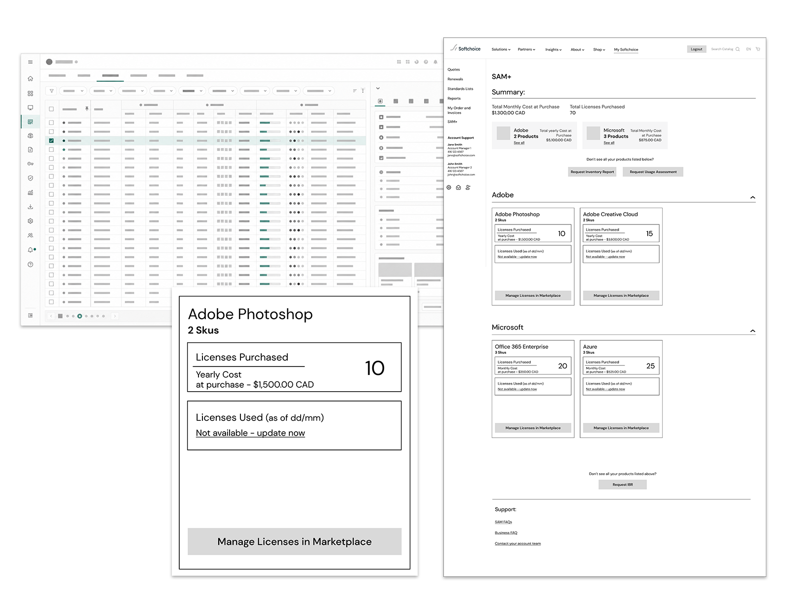 Dense enterprise data table beside early SAM+ Hub summary and product-card wireframes