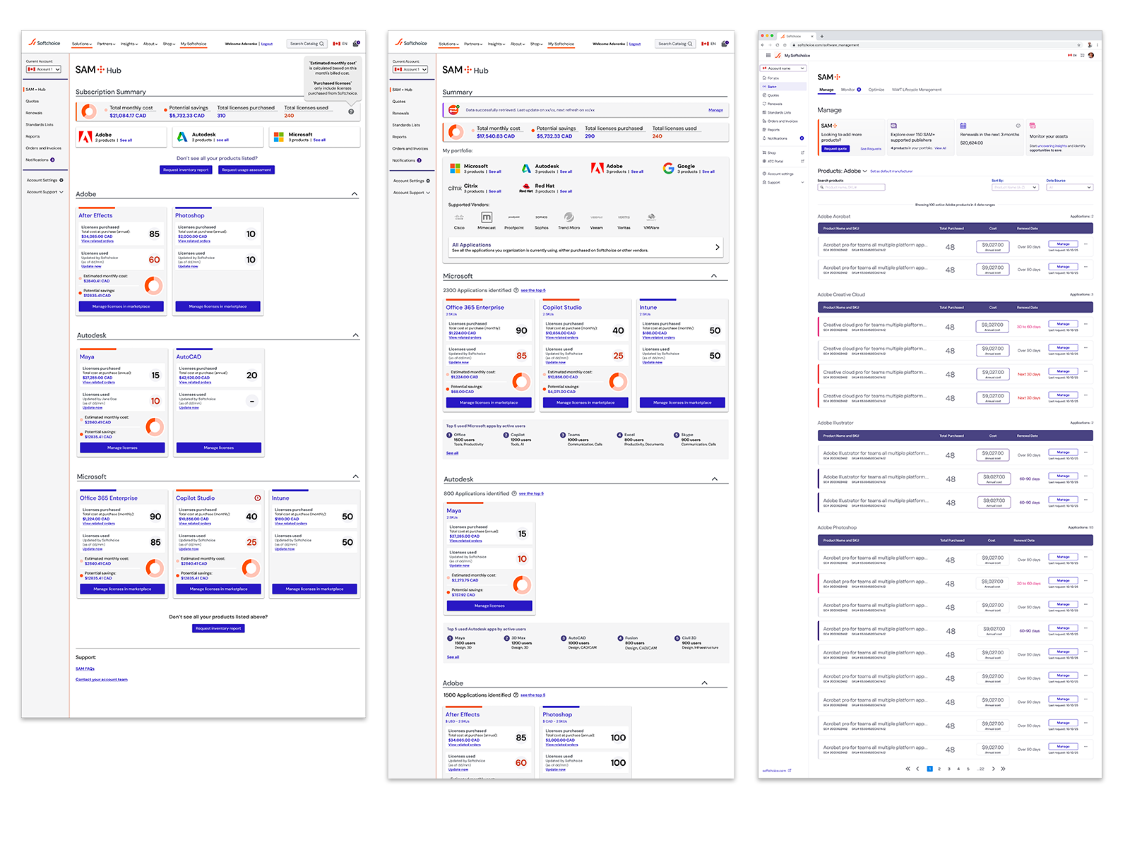 Three stages in the evolution of the SAM+ Hub product interface