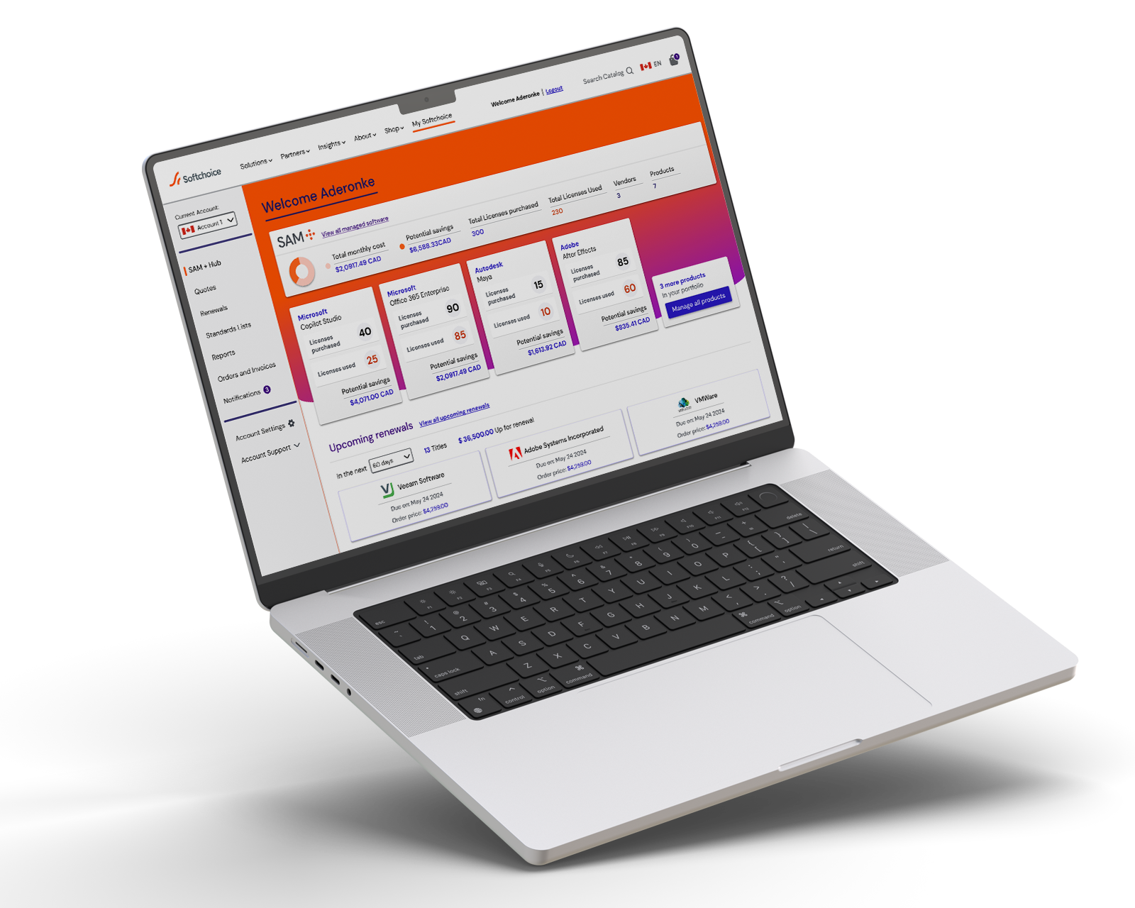 Softchoice self-serve portal dashboard displayed on a laptop