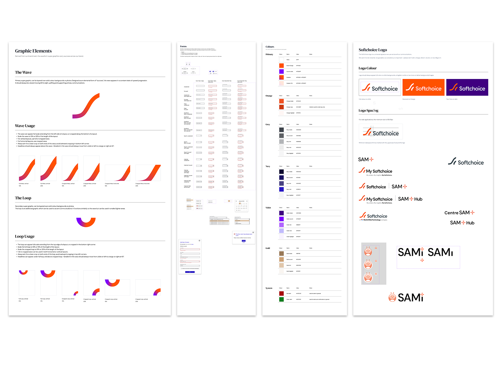 Softchoice portal design system showing brand graphics, form patterns, colour tokens and logo treatments