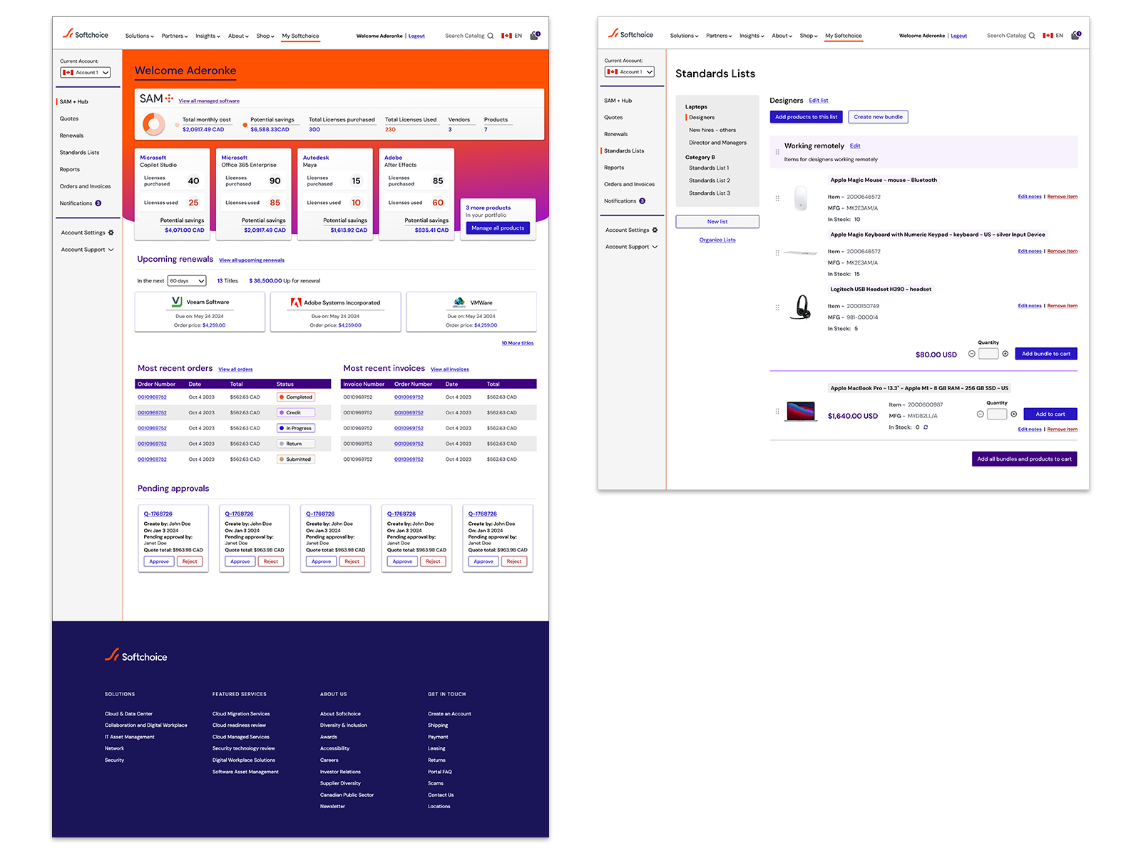 Redesigned Softchoice portal overview and standards-list screens