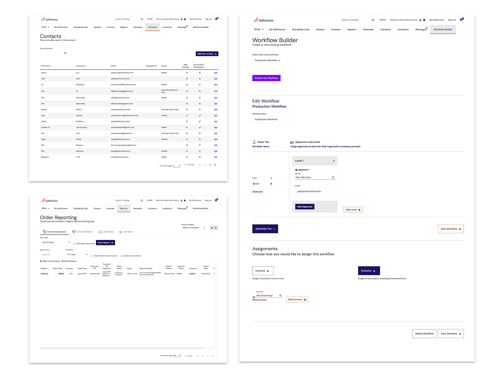 Legacy Softchoice portal contact, reporting and workflow-builder screens