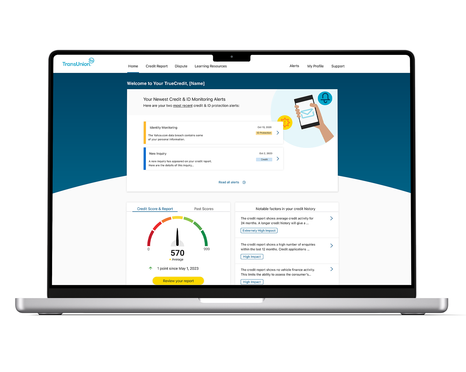 TransUnion credit and identity monitoring dashboard shown in a laptop