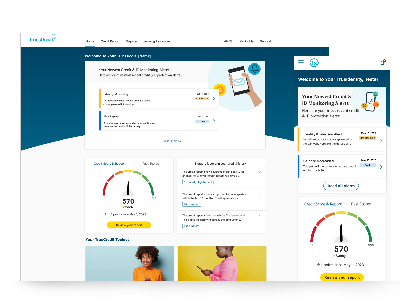 Redesigned TransUnion dashboard shown on desktop and mobile